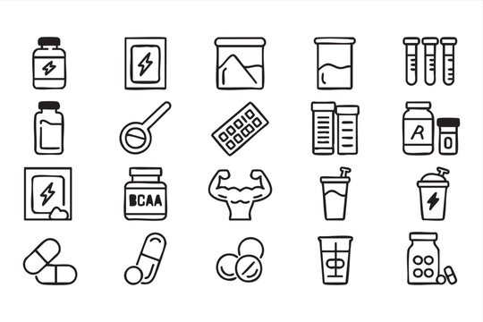 Minimal fitness supplement line icons for gym nutrition, workout products, wellness branding, and health design