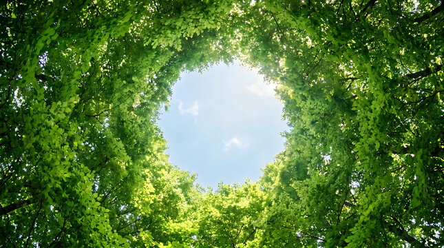 Looking up through green trees at the bright blue sky and white clouds