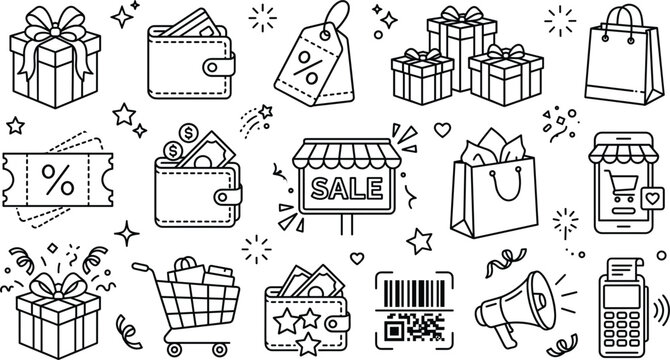 Hand drawn shopping and ecommerce doodle icons featuring sale discounts gifts retail marketing vector illustration collection set bundle