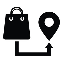 Black shopping bag with handle and map pin location icon for delivery or pickup icon © designernur