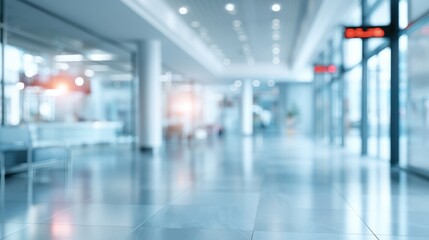 Fototapeta premium A bright, modern, and spacious hallway with reflective tiled floors and glass walls, featuring blurred digital signs and a clean, minimalistic design.