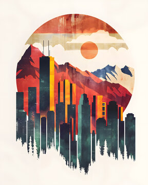 A digitally designed artwork showcases a stylized cityscape merging with mountainous terrain, vibrant oranges and blues complement the silhouette of buildings with a backdrop of a warm sunset