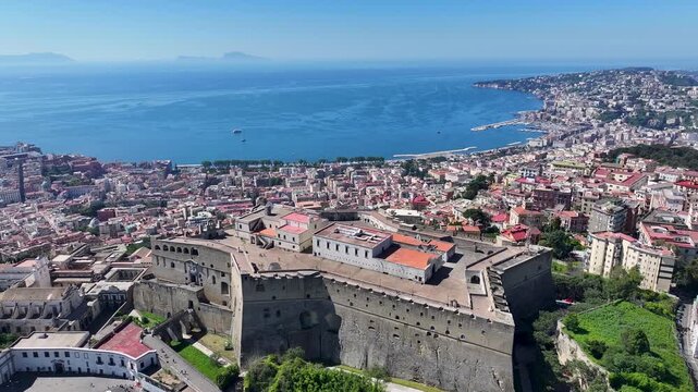 Sant Elmo Castle At Naples In Campania Italy. Downtown Cityscape. Gulf Of Naples Landscape. Sant Elmo Castle At Naples In Campania Italy. Beautiful Skyline. Coastline Scenery. Italy Landscape.