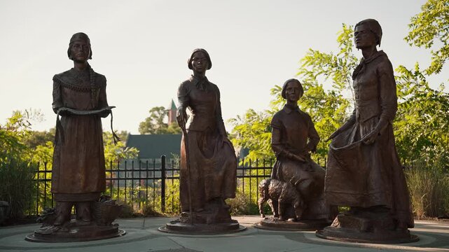 Close-up golden hour view of four bronze women statues at Womens Rights National Park in Seneca Falls NY - "Ripples of Change"