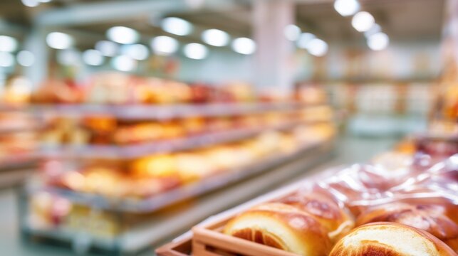 Freshly baked bread rolls displayed in a bakery with blurred background shelves filled with various baked goods.