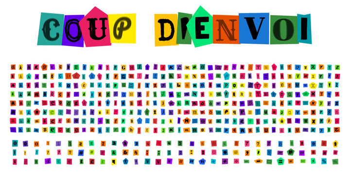Coup dienvoi, alphabet de style lettre de rancon decoupee, typographie de style magazine pour design graphique, collage de lettres et chiffres pour messages anonymes et menacants