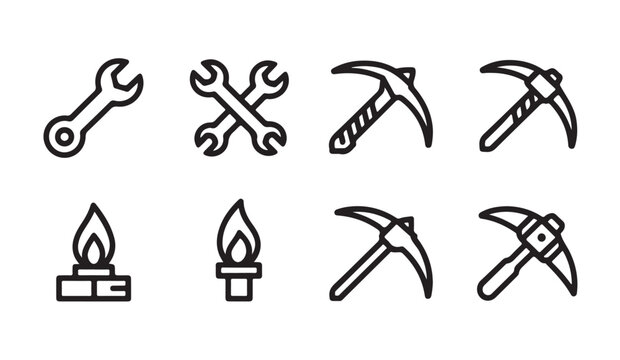 Industrial work tools and mining equipment icons featuring wrenches pickaxes and torches.