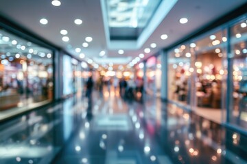 Fototapeta premium A blurred image of a modern indoor shopping mall corridor with glossy floors, bright ceiling lights, and store displays on both sides.