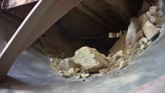 POV from inside rotating cement mixer drum with rocks and concrete material moving through industrial construction machinery during active mixing process.