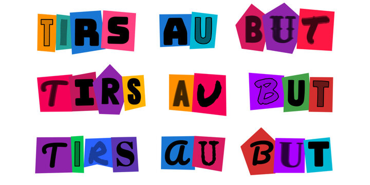 Tirs au but, lettrage style lettre anonyme decoupee pour design sportif, affiche de football, typographie collage papier colore, concept de jeu, competition, sport, graphisme