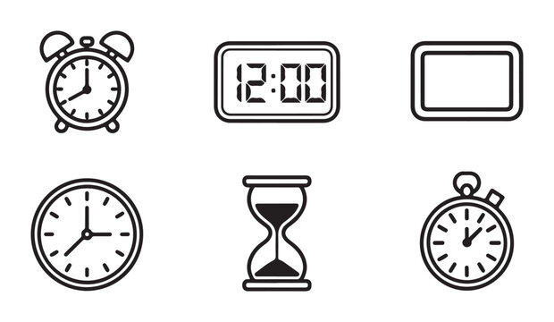 Minimalist clock icon collection featuring alarm digital wall and sand timer thin stroke.