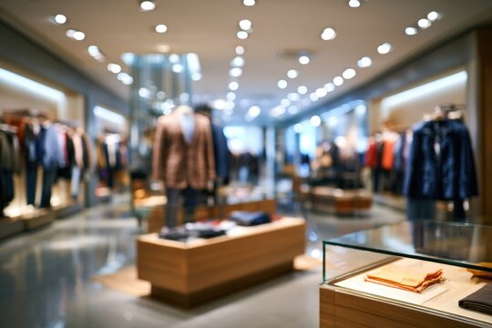 Modern, upscale clothing store interior with stylish men's suits and apparel displayed on racks and mannequins under bright lighting.