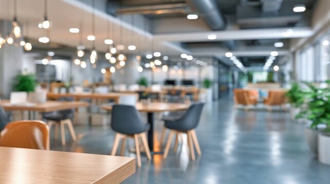 Modern, spacious office interior with wooden tables, mixed chairs, pendant lighting, and large windows creating a bright, open coworking environment.
