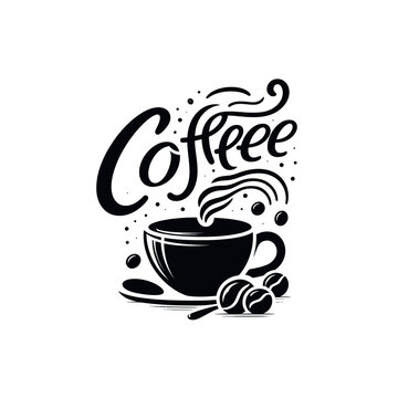 A stylized black and white illustration of a steaming cup of coffee with the word "Coffee" written above it.