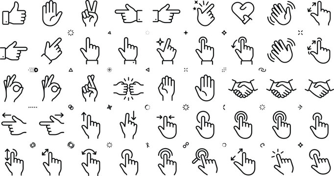 Hand gesture and touch interaction line icon collection featuring finger taps communication signs and user interface controls illustration