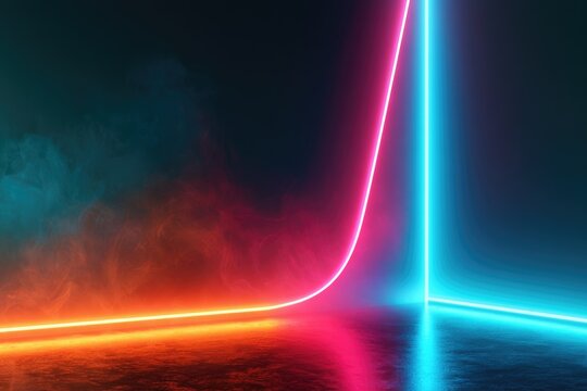 Neon lights curve sharply at a corner, casting vibrant red, pink, and blue glows on a dark, smoky reflective surface.