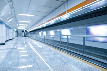 Fototapeta premium A modern, empty subway platform with clean, reflective floors and bright overhead lighting, featuring sleek design elements and a sense of spaciousness.
