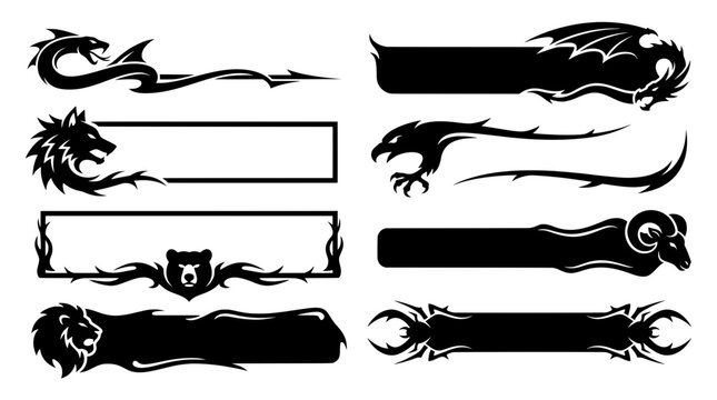 Set of black tribal animal silhouettes and empty text banner frames. Includes ram, lion, bear, dragon, and wolf designs for esports streaming logos