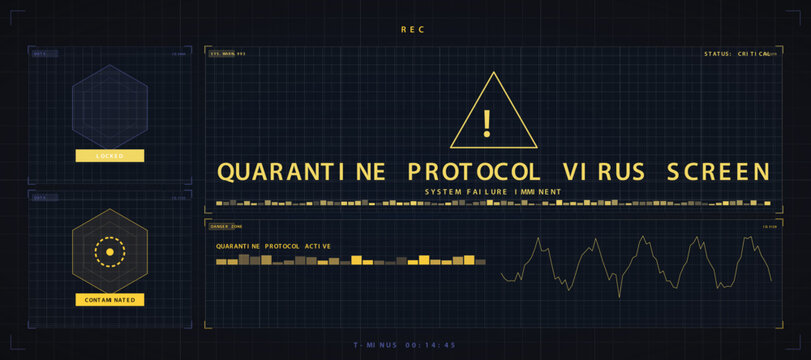 Futuristic digital interface screen with a quarantine protocol virus warning vector illustration