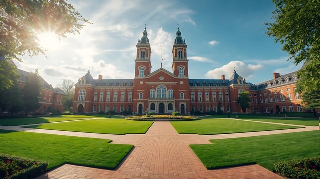 Majestic University Building with Grand Lawn and Sunny Sky.