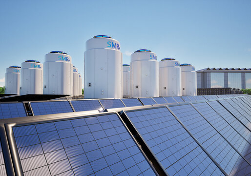 Smr or small modular nuclear reactors power plant with solar panels for data center building