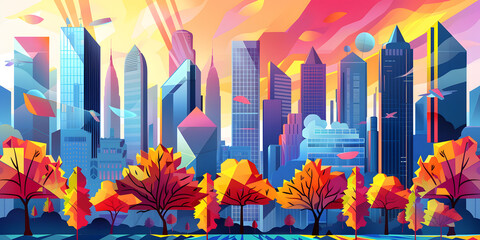Obraz premium Vibrant illustration depicts a stylized cityscape with modern skyscrapers under a colorful sky, featuring autumn trees with bright foliage in the foreground and birds soaring above the urban...