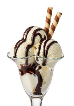 Delicious Vanilla Ice Cream Sundae with Chocolate Syrup and Wafer Rolls in Glass Bowl Isolated on White Background