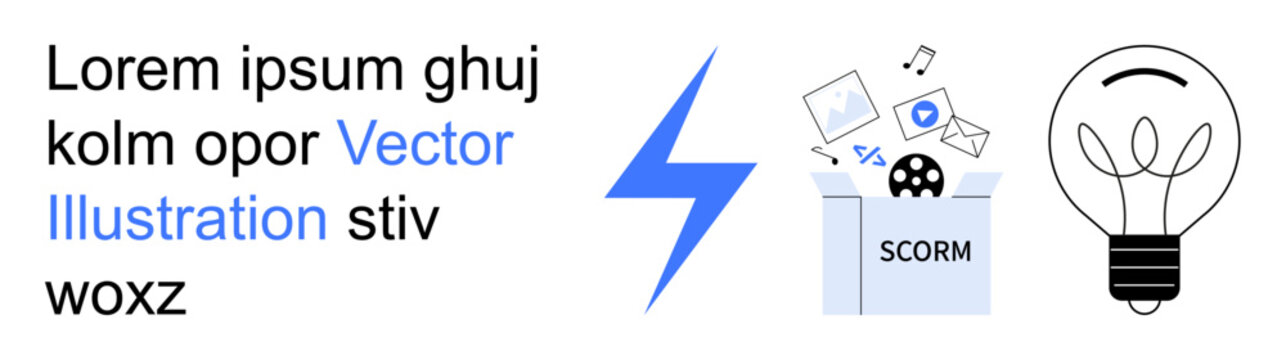 E-learning, digital content, innovation, SCORM, technology, energy. Lightning bolt, SCORM package and lightbulb icons. E-learning and digital content management conceptual