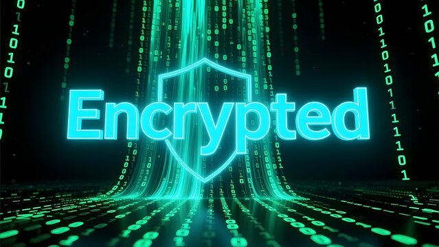 Encrypted cybersecurity shield icon with binary code background, digital data protection concept, glowing neon network security interface