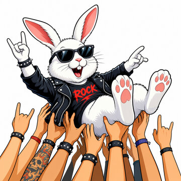Cartoon rocker rabbit crowd surfing in leather jacket and sunglasses, isolated on a white background. Perfect for music posters.