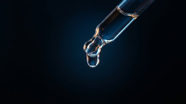 Glass eye dropper holding glowing blue liquid in dark laboratory setting with futuristic lighting
