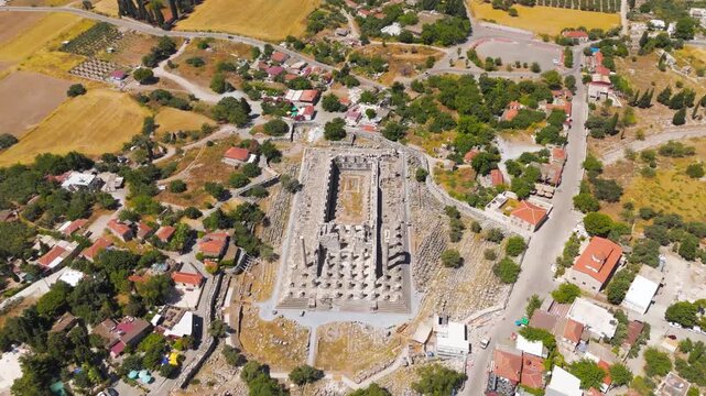 Didim, Turkey. Temple of Apollo at Didyma, the entire sanctuary complex with Ionic columns and open-air adyton, aerial drone view under bright summer sun. Aerial View, MasterShots, Rocket
