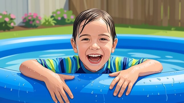Happy child with wet hair in backyard inflatable pool vector