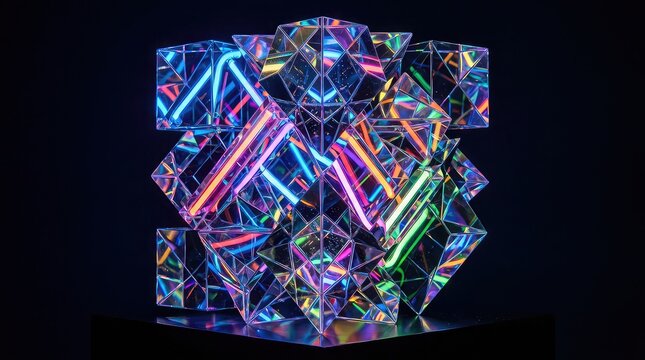 Vibrant neon acrylic glass geometry with colorful reflections on dark background abstract 3d crystal structure
