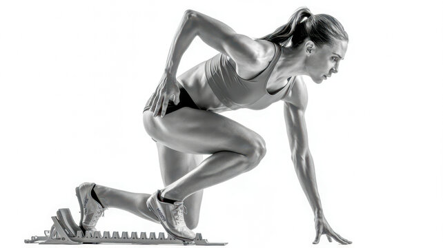 Athletic female sprinter crouched in the starting position for a competitive race on white background