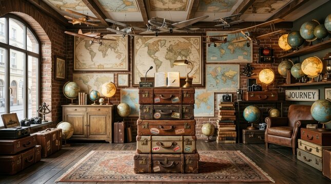 Vintage Travel Concept with World Maps and Old Suitcases