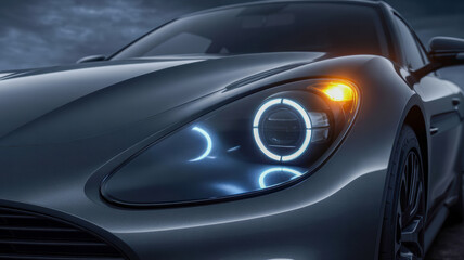 Naklejka premium Close up detail of a luxury sports car headlight with glowing blue rings on white background