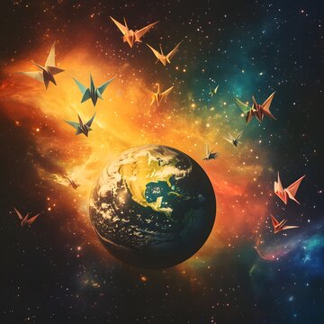 Earth background with white origami cranes flying in the sky, peaceful, global unity.

