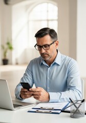 Obraz premium Professional Mature Businessman in Blue Shirt and Glasses Using Smartphone at Office Desk with Laptop