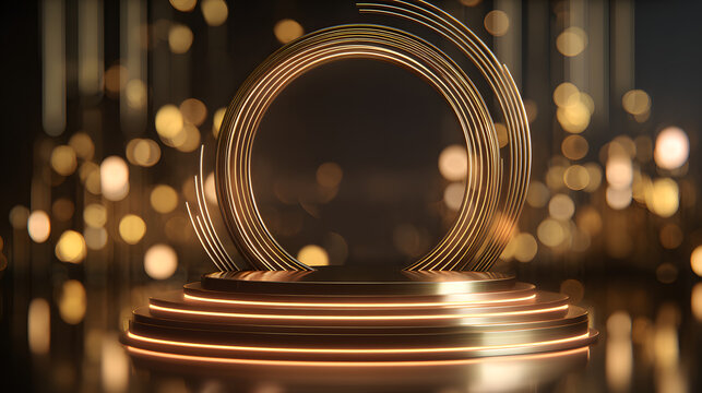 Gleaming golden illuminated stage with layered platform design and graceful curved ring elements, set against a blurred background adorned with bokeh, establishing a mood of elegance.