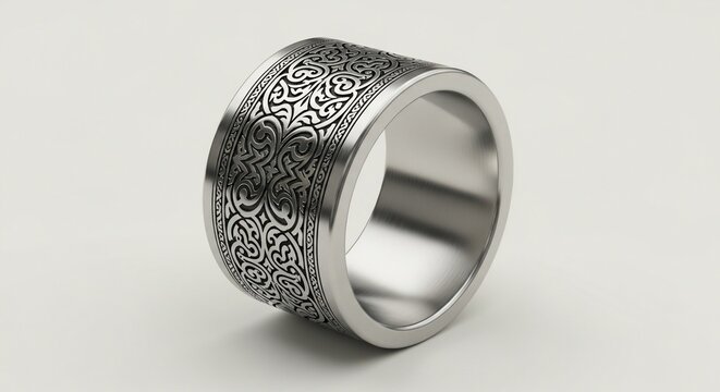Wide silver ring with intricate celtic knotwork engraving on white background.