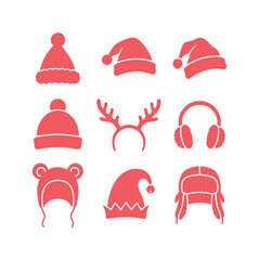 Festive red Christmas hats and winter headwear vector collection, including Santa hats, reindeer antlers, and cozy ear muffs, perfect for holiday season designs and winter fashion graphics. © Jamie