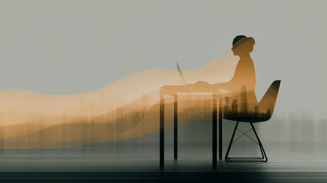 Corporate confidence background with office desk and laptop, professional workflow, modern business setup, and abstract design visualization