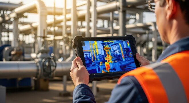 Industrial Engineer Using Digital Tablet with Thermal Imaging for Pipe Inspection at Oil Refinery Plant