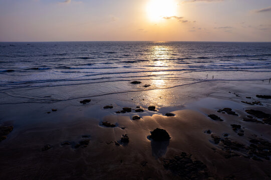 A stunning aerial drone view of Dapoli Beach along the Konkan coastline in Ratnagiri district, Maharashtra, India.