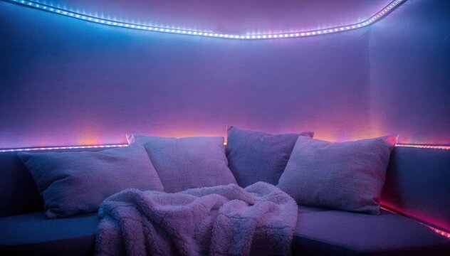 Medium shot capturing colorful LED lights gently glowing in a lowlight sensory alcove enhancing visual stimulation and relaxation.