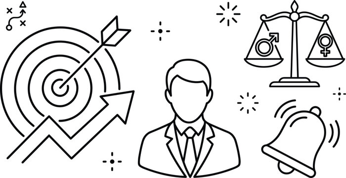 Business core values icon set with target arrow growth businessman avatar gender equality justice scale and ringing bell