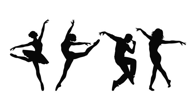 group of dancers in dynamic poses black silhouette against a white background silhouette