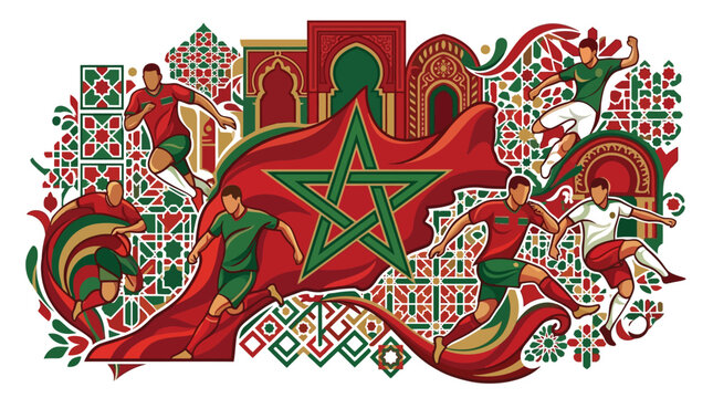 Vector illustration of Morocco national football team players in action with the Moroccan flag, green star, traditional Zellige geometric patterns and Moorish architectural arches.