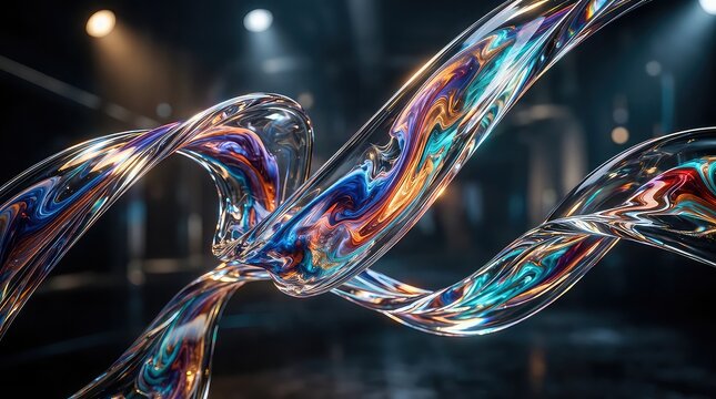 Vibrant liquid acrylic glass ribbons in a dark room with colorful swirls and abstract design